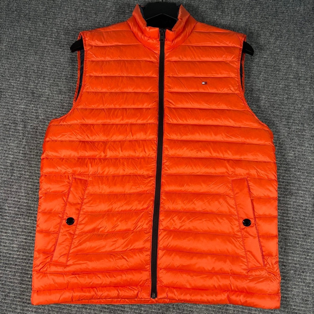 Tommy Hilfiger Puffer Vest Mens S Orange Excellent Quilted Full Zip Mock Neck